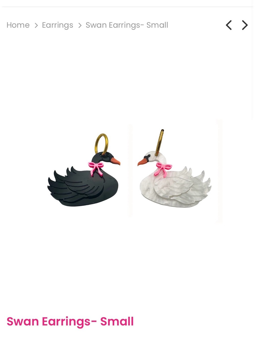 Brand New Swan Hoop Charm Earrings - Black & White with Pink Bows